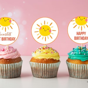 Editable Sun birthday Cupcake toppers, Sunshine 1st birthday decor, First trip around the sun cupcake topper, first year party decor S01