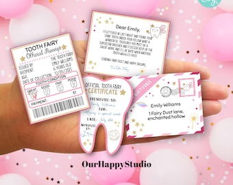 Editable Mini Tooth Fairy Set Pink Tooth Fairy letter Recepit and envelope Lost tooth Faurt Note digital template instant download TF1
