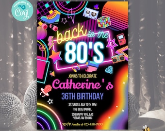 Editable 80s Birthday Party Invitation back to the 80s Neon party glow dance disco 2000s birthday 90s instant download BT03