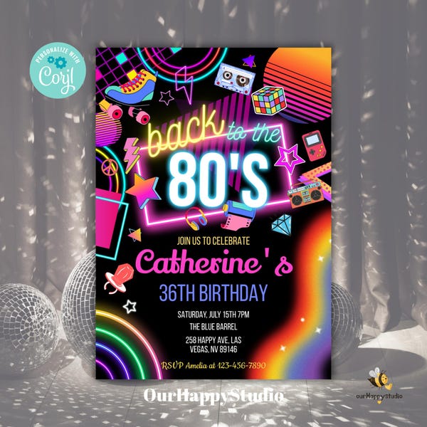 Editable 80s Birthday Party Invitation back to the 80s Neon party glow dance disco 2000s birthday 90s instant download BT03