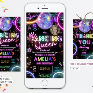 May include: A digital invitation for a 2nd birthday party with a disco ball theme. The invitation features a neon pink, blue, and green design with a disco ball, stars, and music notes. The text "Our Dancing Queen is turning two!" is displayed in a neon font. The invitation includes the birthday girl's name, date, time, and RSVP information.