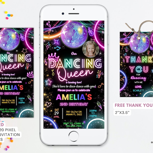 Editable Disco Party Birthday Electronic Invitation, Dancing Queen Invites, Dance Party Template, Neon Party Evite