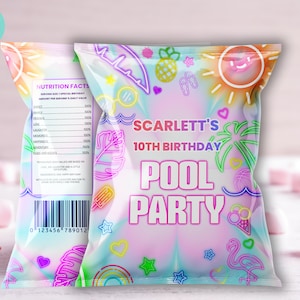 Bearbeitbare Pool-Party Chips Tasche Wrapper Tropische Party neon sommer Schwimmparty Chips Tasche, Schwimmparty Dekor Sofort download PTD01