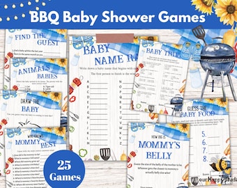 Peut inclure: Ensemble de jeux de baby shower sur le thème du barbecue. Les jeux incluent "Trouvez l'invité", "Course de noms de bébés", "Baby Trivia" et "Devinez la nourriture pour bébés". Le design présente une illustration d'un barbecue, de tournesols et d'articles pour bébés.