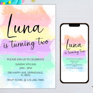 Editable Rainbow Birthday Invitation Template Printable Colorful Pastel ...