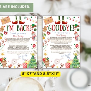May include: Two printable Christmas elf notes, one saying "I'm Back!" and the other saying "Goodbye!" Both notes feature a cartoon elf with red and green Christmas decorations. The notes are available in two sizes: 5" x 7" and 8.5" x 11".