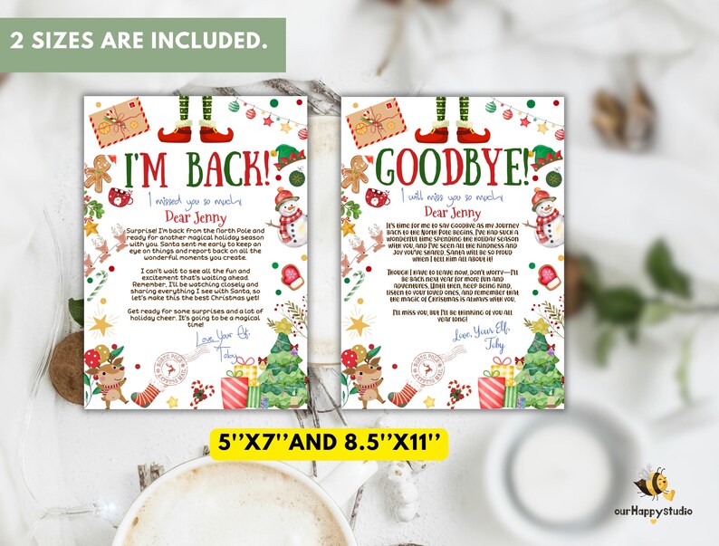 May include: Two printable Christmas elf notes, one saying "I'm Back!" and the other saying "Goodbye!" Both notes feature a cartoon elf with red and green Christmas decorations. The notes are available in two sizes: 5" x 7" and 8.5" x 11".