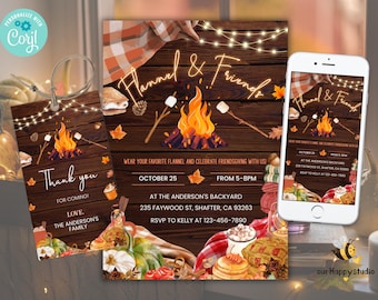 May include: A printable invitation for a "Flannel & Friends" gathering. The invitation features a rustic wood background with a campfire, marshmallows, and fall foliage. The text reads "Wear your favorite flannel and celebrate Friendsgiving with us!"  October 25, from 5-8pm, at the Anderson's Backyard, 235 Faywood St, Shafter, CA 93263. RSVP to Kelly at 123-456-7890.
