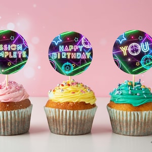 Laser Tag Birthday Circle Square cupcake topper, Glow round stickers Neon favor tag, arcade game treats bag label Instant Download
