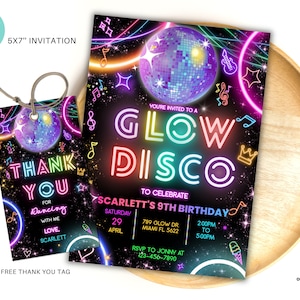 Editable Glow Disco Party Birthday Invitation, Disco Gender Neutral Invites, Dance Party Template, Neon Party Invites Editable Glow Party