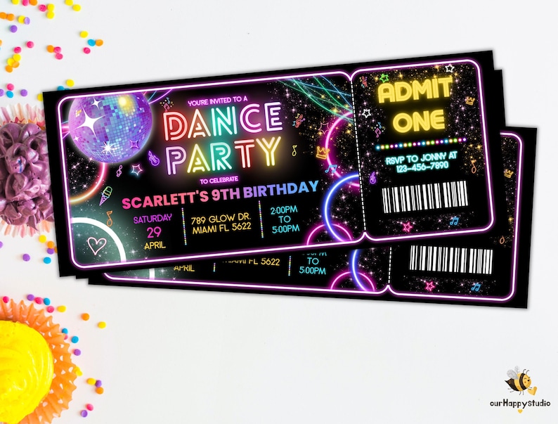 Simple Rave Style Ticket Invites Editable Dance Party Birthday Ticket Invitation, Neon Glow (digital ...