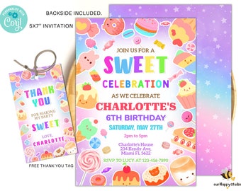 Invitation de bonbons de bonbons modifiables, invitation d'anniversaire de bonbons sucrés, invitation d'anniversaire de célébration douce, modèle d'invitation de bonbons