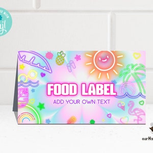 Bewerkbare poolparty Voedseletiketten, Glow neon-voedseletiketten, tropische tie-dye place-voedseltenten, kaartsjabloon zomerfeest direct downloaden