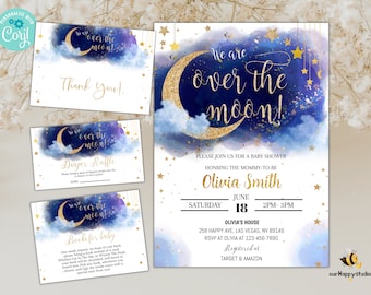 Editable Twinkle Little Star Baby Shower invitation bundle, Over the moon baby shower Invite Books for baby Diaper Raffle template OTM01