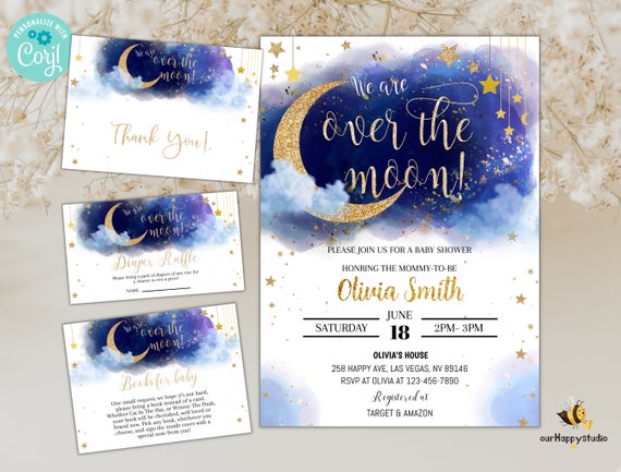 Editable Twinkle Little Star Baby Shower invitation bundle, Over the moon baby shower Invite Books for baby Diaper Raffle template OTM01