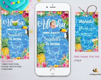 Editable Aloha pool party electronic invitation, Hawaiian birthday invite, Tropical birthday pool party evite instant download P04