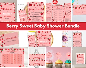 Lot modifiable de baby shower aux fraises, forfait baby shower aux baies, lot de jeux imprimables de baby shower aux baies sucrées