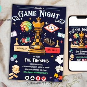 Bearbeitbare Spielabendeinladung Hausparty einladen, Brettspiele Familienspielnacht-Geburtstagsvorlage, sofortiger Download
