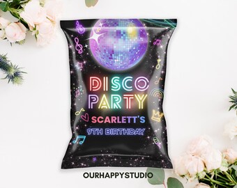 May include: Black party favor bag with a disco ball graphic and the words "DISCO PARTY" in neon colors. The bag also includes the text "SCARLETT'S 9TH BIRTHDAY" and musical notes. The bag is decorated with stars and other musical elements.