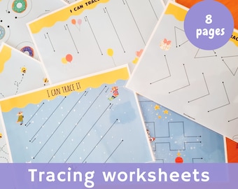May include: A set of 8 tracing worksheets for kids. The worksheets feature various lines, shapes, and patterns to trace. The worksheets are designed to help children develop their fine motor skills and hand-eye coordination.  The worksheets have a blue background with yellow accents and colorful illustrations.