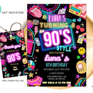 Editable 90s Birthday Party Invitation back to the 90s Neon party glow dance disco 2000s birthday 90s instant download N05