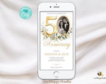 Editable 50th Anniversary Invitation, Gold & Greenery Eucalyptus Design (Digital Download)