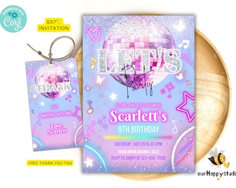 May include: A purple and silver disco ball themed birthday invitation with a neon pink "Let's Party" text and a matching thank you tag. The invitation includes the birthday girl's name, age, date, time, and RSVP information.