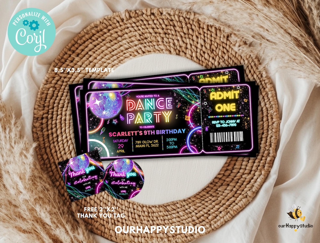 Simple Rave Style Ticket Invites Editable Dance Party Birthday Ticket Invitation, Neon Glow (digital ...