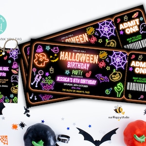 Bearbeitbare Neon-Halloween-Geburtstagsparty einladen Ticket Glühen Geburtstagseinladung Halloween-Einladung Halloween-gruselige Party einladen HT02