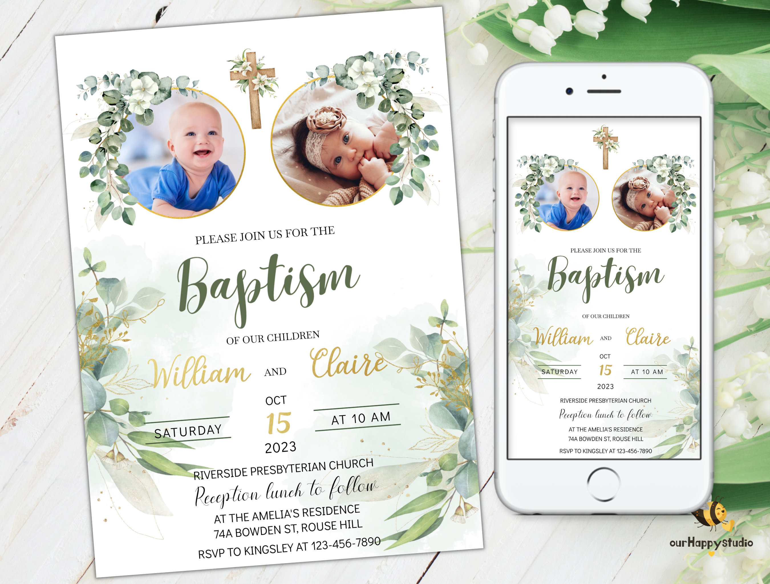Editable Baptism Twins Invitation, Christening Twins Invite With Photo Template, Printable