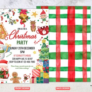 Op de afbeelding: Een uitnodiging voor een kerstfeest met een rood-groen ruitpatroon op de achterkant. De voorkant toont een sneeuwpop, de kerstman, een peperkoekman, een snoepstok, een kerstboom en een peperkoekhuis. De tekst luidt "Doe mee met ons kerstfeest, zondag 20 december, 17:00 uur, Bij Scarlett's House, 326 Happy Ave, FL 56187, RSVP naar Leon op 123-456-7890, Breng alstublieft een speciale verrassing mee voor onze geheime kerstman-uitwisseling."
