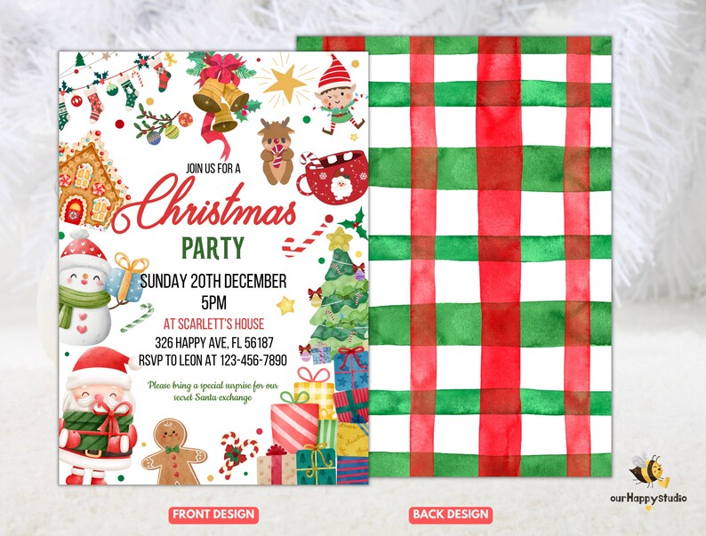 Op de afbeelding: Een uitnodiging voor een kerstfeest met een rood-groen ruitpatroon op de achterkant. De voorkant toont een sneeuwpop, de kerstman, een peperkoekman, een snoepstok, een kerstboom en een peperkoekhuis. De tekst luidt "Doe mee met ons kerstfeest, zondag 20 december, 17:00 uur, Bij Scarlett's House, 326 Happy Ave, FL 56187, RSVP naar Leon op 123-456-7890, Breng alstublieft een speciale verrassing mee voor onze geheime kerstman-uitwisseling."