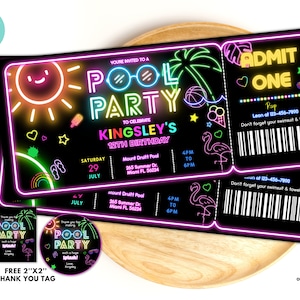 Bearbeitbare Pool-Party-Eintrittskarte, Glow-Wasserpark-Eintrittskarte, Tropische Neon-Geburtstags-poolparty-Einladung Schwimmparty-Sofort-Download PG02