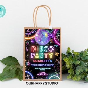 Editable Disco gift bag label Glow Party Dance Birthday party favor Glow Thank You Bag label sticker Editable Printable download