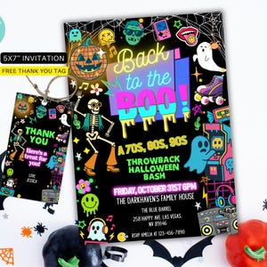 May include: A black Halloween party invitation and thank you tag set. The invitation reads "Back to the BOO!" with a retro theme, featuring a skeleton, ghosts, and a jack-o'-lantern. The thank you tag has matching graphics.
