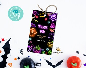 Editable Neon Halloween Party favor glow Birthday Thank you tag Halloween Spooktacular Ghost party thank you favor
