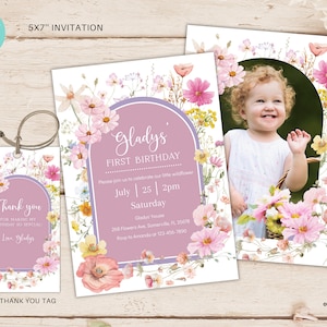 Editable Wildflower Birthday Invite template, Wildflower First Birthday Invitation, girls flower party invite, floral birthday invite WF01