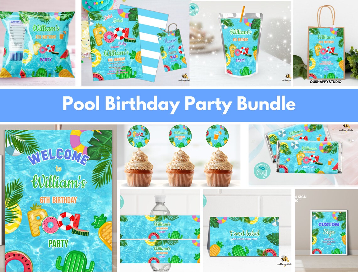 Pool Party Pack Editable Pool Party Birthday Bundle Summer Birthday Bundle, Tropical ...