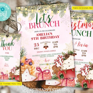 Editable Holiday Pink girl birthday party invite, Christmas Brunch Invite, Christmas Party Printable, Holiday Party Invitation HB2