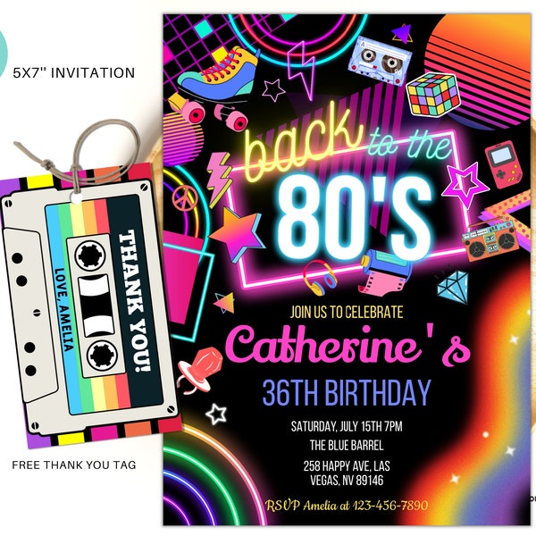 Editable 80s Birthday Party Invitation back to the 80s Neon party glow dance disco 2000s birthday 90s instant download BT03