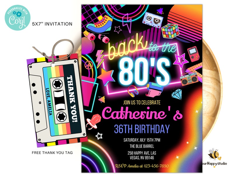 Editable 80s Birthday Party Invitation back to the 80s Neon party glow dance disco 2000s birthday 90s instant download BT03 image 1