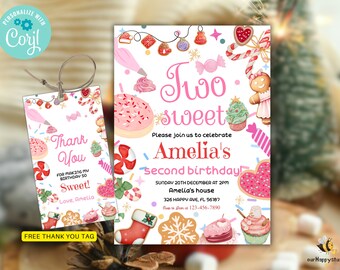 Editable Christmas Two Sweet Birthday Invite template, Sweet 2nd Birthday Invitation, Christmas party, Holiday Cookie birthday TSC1
