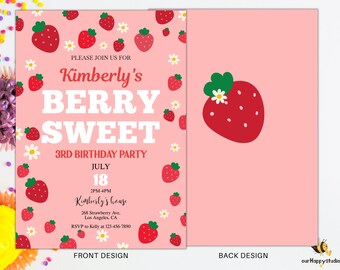 Modelo de convite de aniversário editável Berry sweet, convite de aniversário de 1 ano de morango, festa de Berry, convite de aniversário de menina de frutas B2