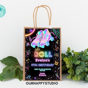 Editable Roller Skating gift bag label Glow Party Birthday party favor Glow Thank You Bag label sticker Editable Printable download