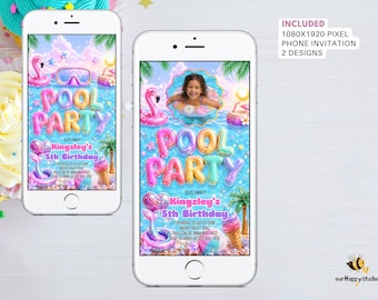 Pool Party photo Invitation, Tropical Birthday, ALOHA invitation, Beach party (Canva Template, Digital Download ) PPIT2 1080x1920