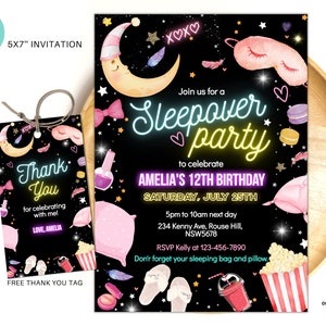 Editable Sleepover birthday invite Slumber party birthday invitation Pink girl Spa tween teen glow digital download template S01