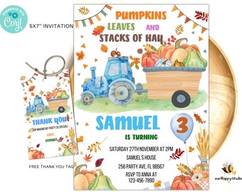May include: A blue tractor pulls a wagon full of pumpkins, leaves, and hay. The invitation says "Pumpkins, Leaves and Stacks of Hay" and "Samuel is turning 3". The invitation is for a birthday party on Saturday, November 27th at 2 PM. The address is 256 Party Ave, FL 98567. RSVP to Anna at 123-456-7890.