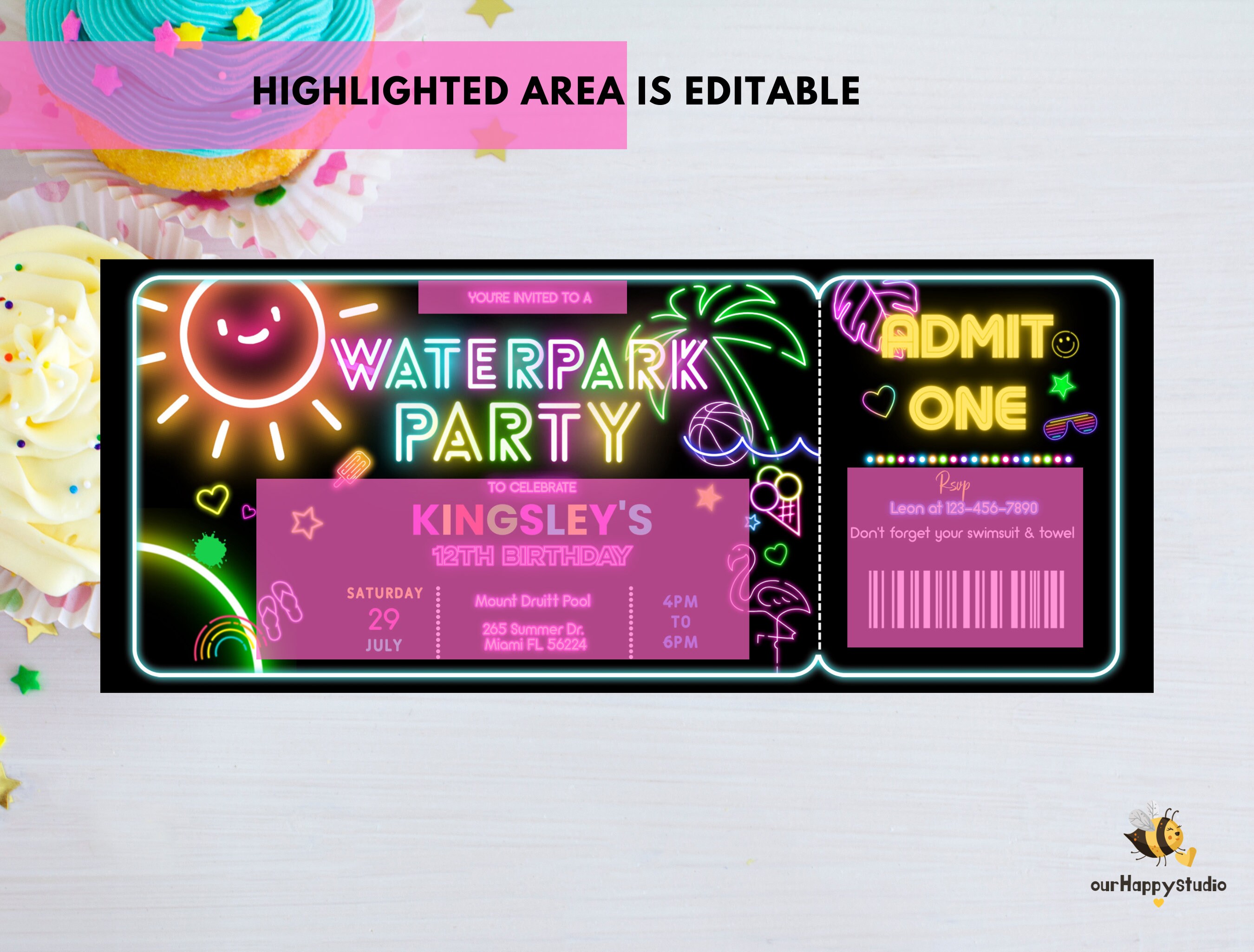 Editable Waterpark Party Ticket Invitation, Glow Pool Party Ticket ...
