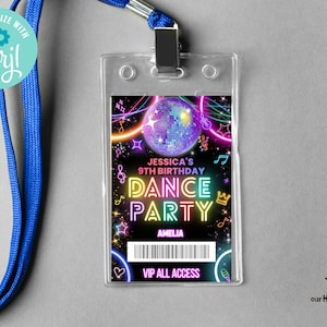 Bewerkbare VIP-backstage passjabloon voor dansfeest, sjabloon voor toegangskaart verjaardag, Glow Disco party VIP-badge voor lanyards direct downloaden