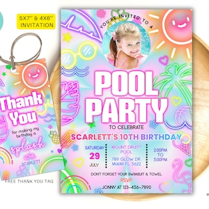 Editable photo pool party invitation, Glow neon invite, Tropical tie dye birthday pool party invitation swimming party instant download